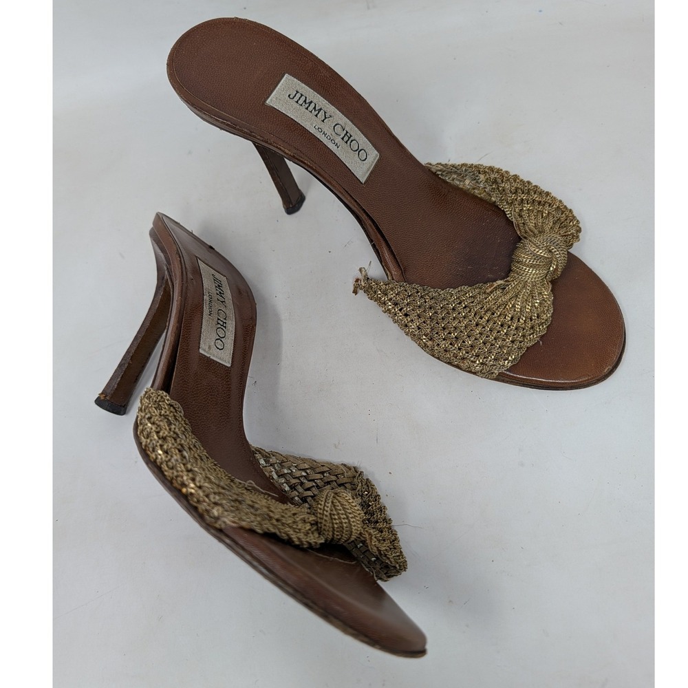 Jimmy Choo Sandals IT38.5 US7.5 Brown Gold Metallic Knit Top Knot Stiletto Mules